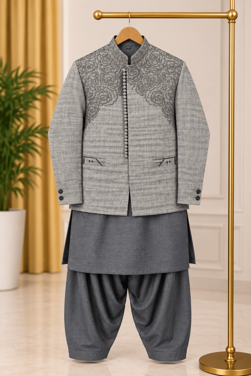 Grey Floral Embroidered 3-Piece Waistcoat Suit for Teenagers