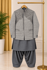 Grey Floral Embroidered 3-Piece Waistcoat Suit for Teenagers