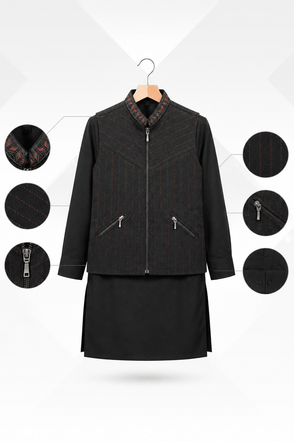 Black Embroidered 3-Piece Waistcoat Suit for Teenagers