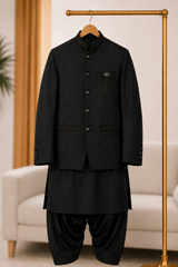 Black Embroidered 3-Piece Waistcoat Suit for Teenagers