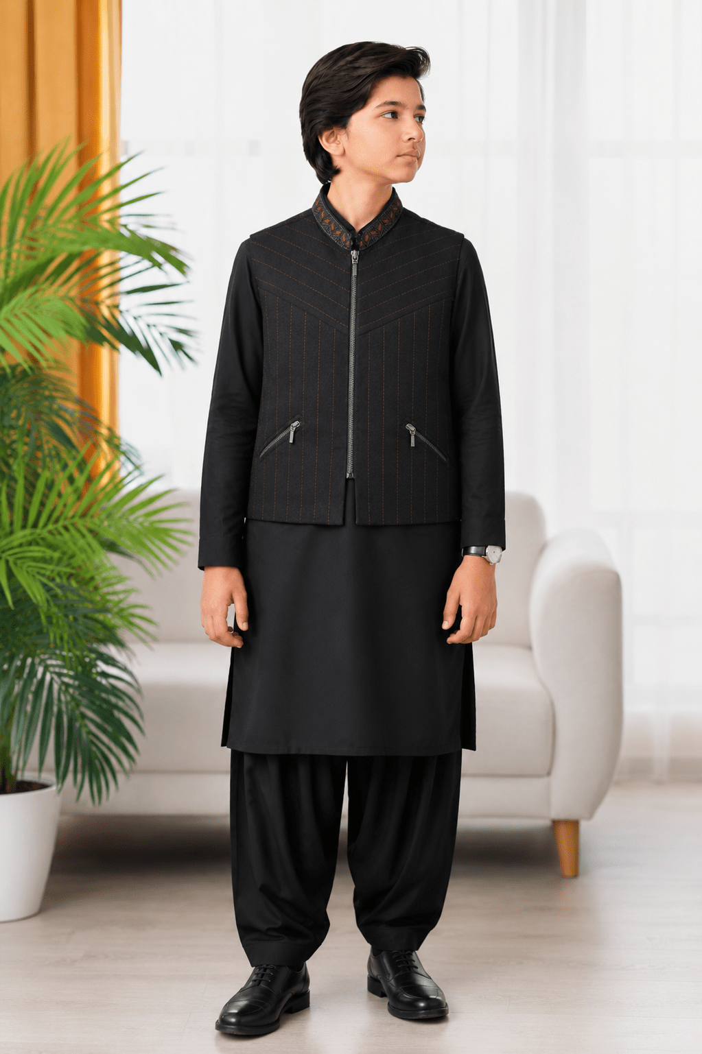 Black Embroidered 3-Piece Waistcoat Suit for Teenagers