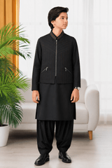 Black Embroidered 3-Piece Waistcoat Suit for Teenagers