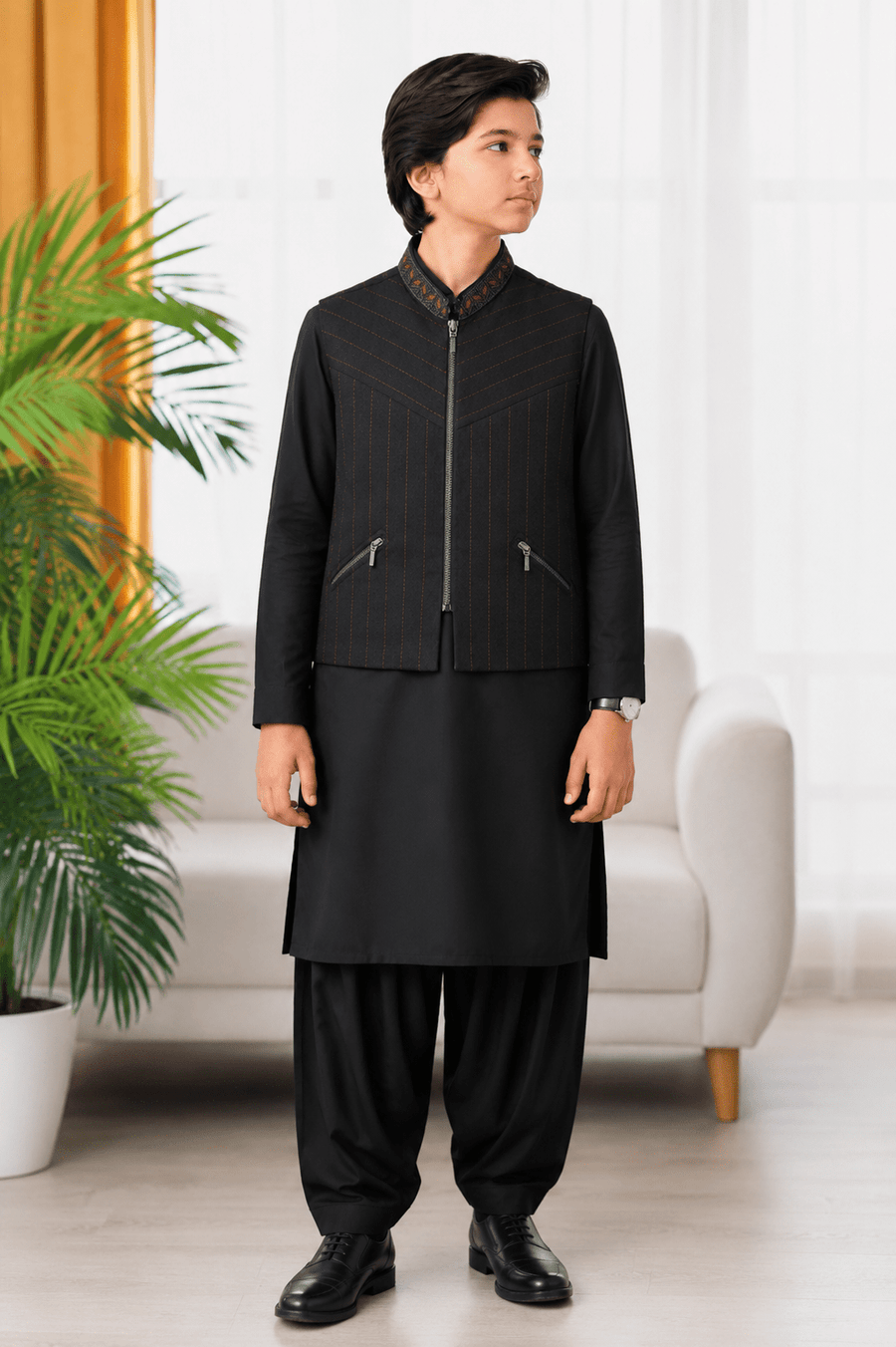 Black Embroidered 3-Piece Waistcoat Suit for Teenagers