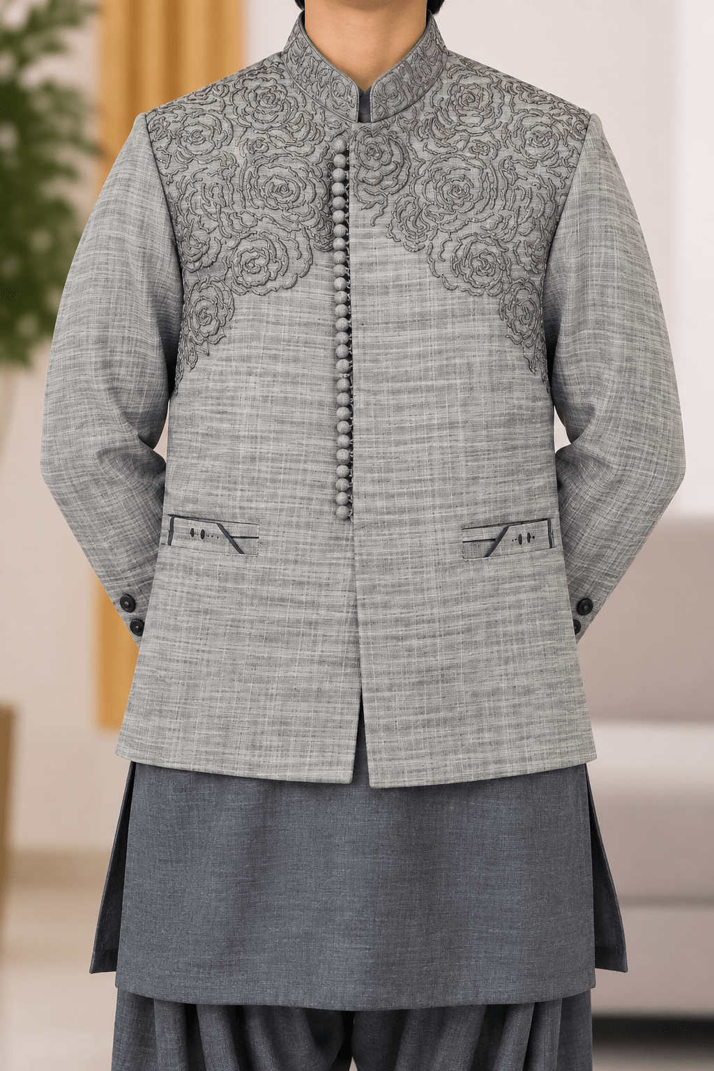 Grey Floral Embroidered 3-Piece Waistcoat Suit for Teenagers