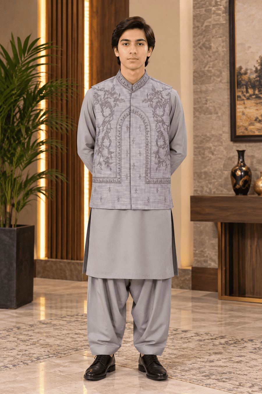 Premium Lilac Grey 2-Piece Waistcoat Suit for Teenagers