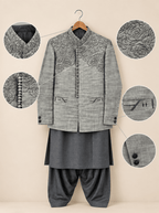 Grey Floral Embroidered 3-Piece Waistcoat Suit for Teenagers