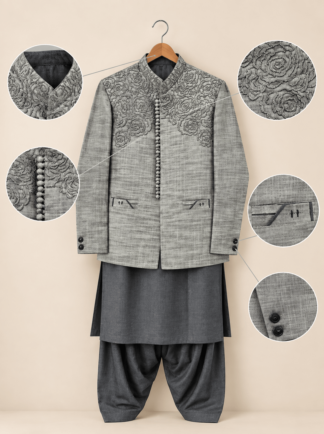 Grey Floral Embroidered 3-Piece Waistcoat Suit for Teenagers