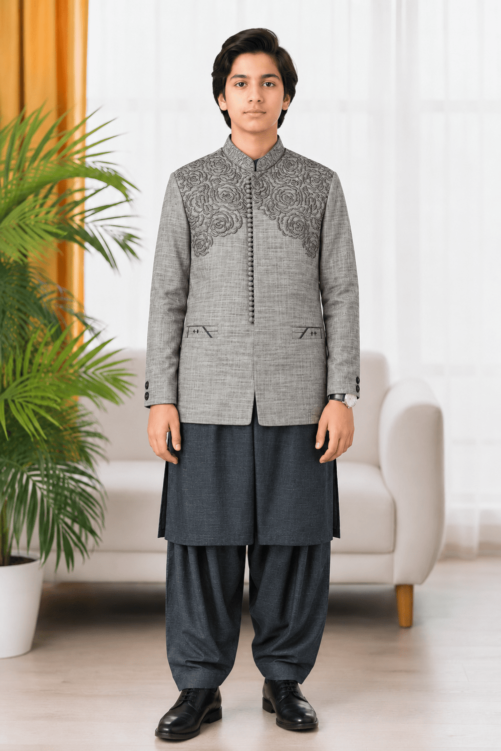 Grey Floral Embroidered 3-Piece Waistcoat Suit for Teenagers