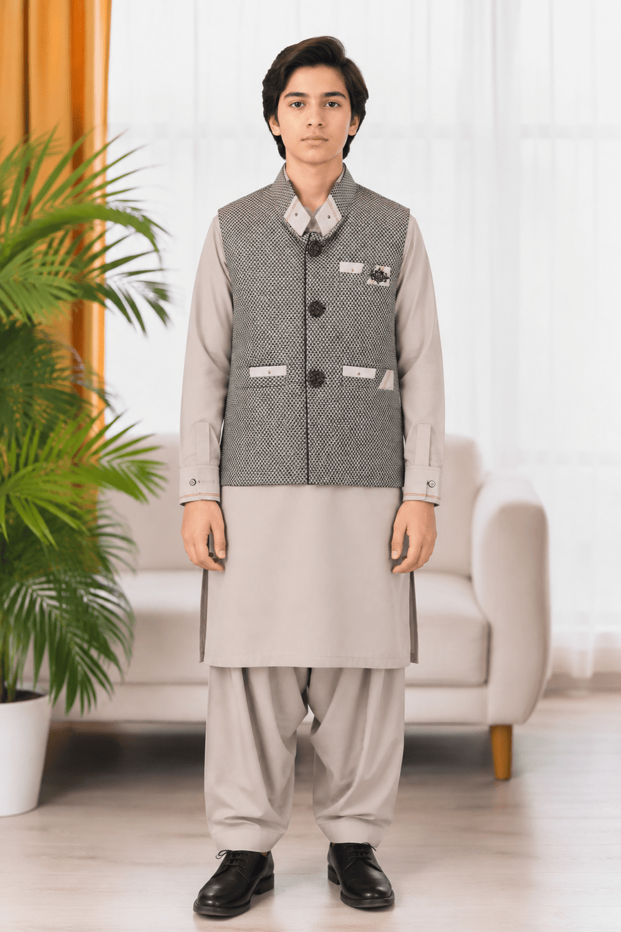 Grey Textured 3-Piece Waistcoat Suit for Teenagers