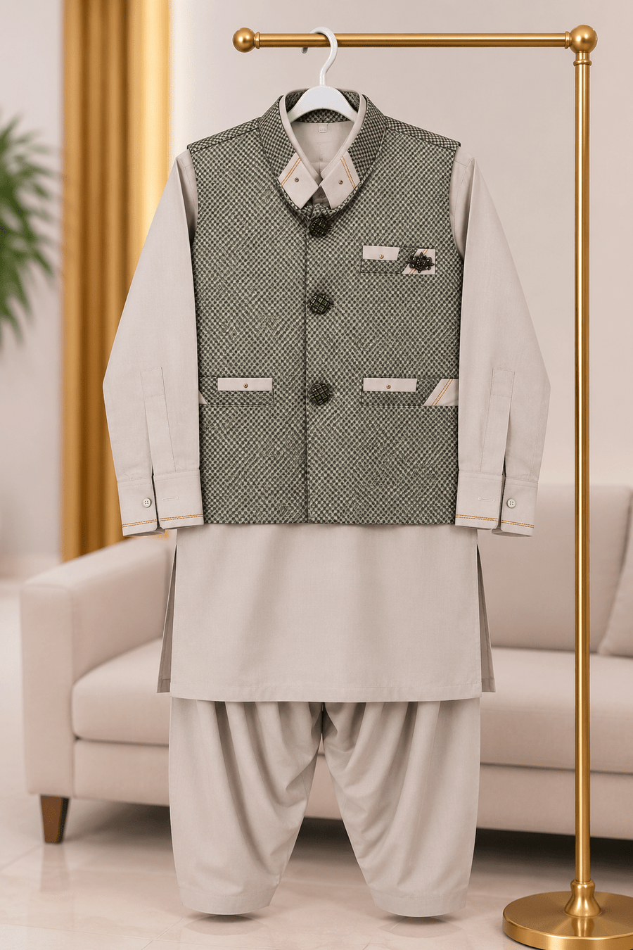 Grey Textured 3-Piece Waistcoat Suit for Teenagers