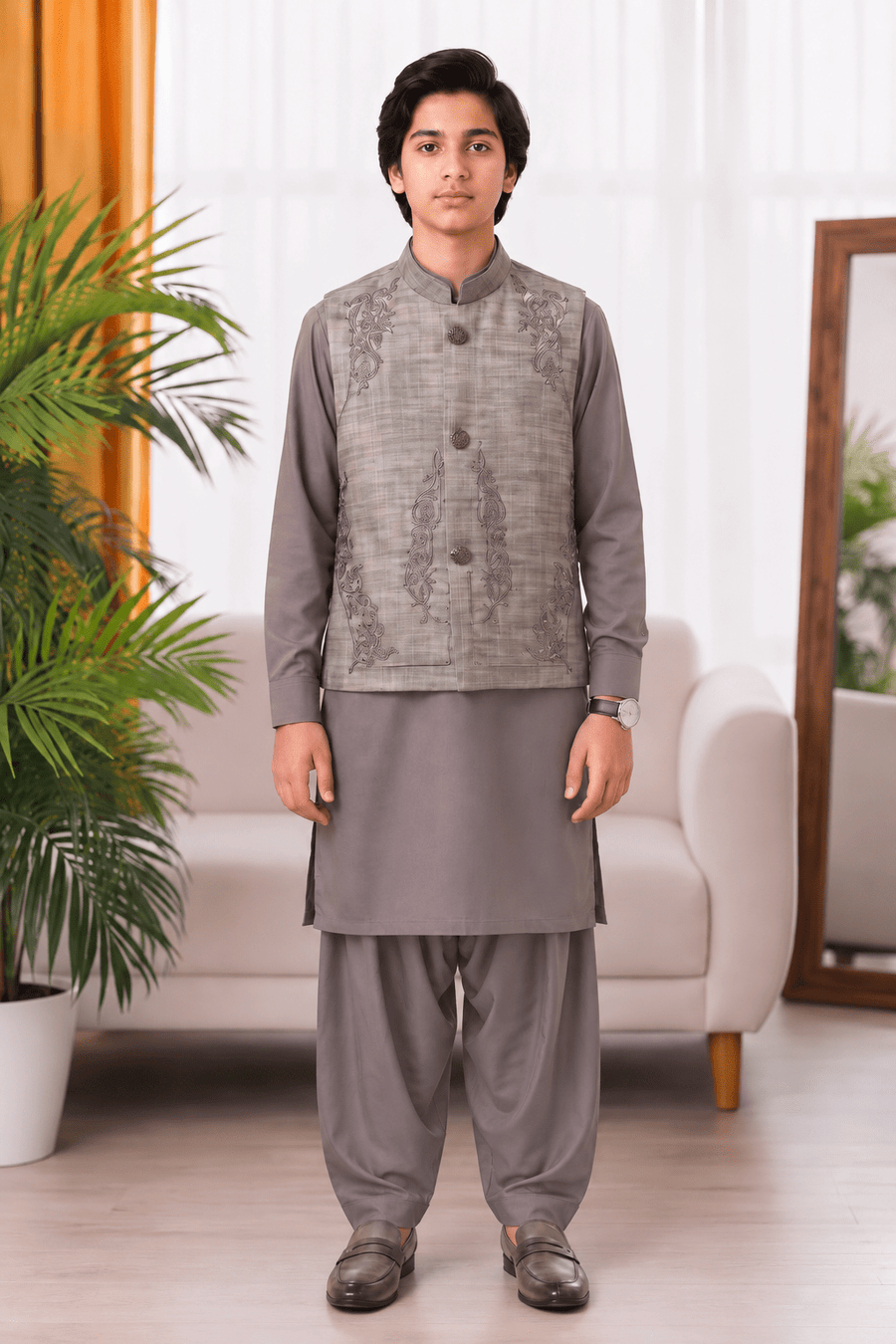 Premium Grey Embroidered Waistcoat Shalwar Kameez for Teenagers
