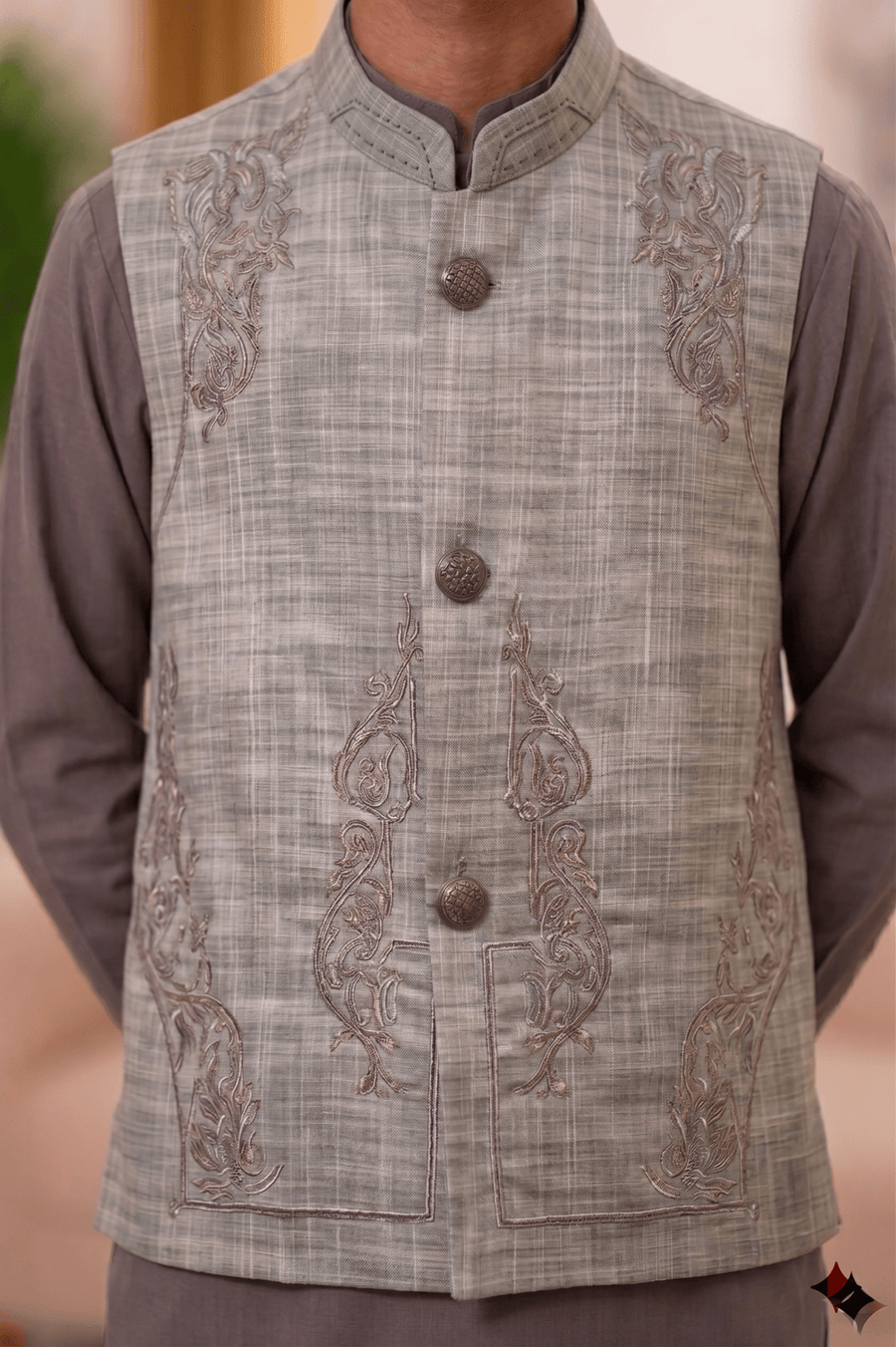 Premium Grey Embroidered Waistcoat Shalwar Kameez for Teenagers